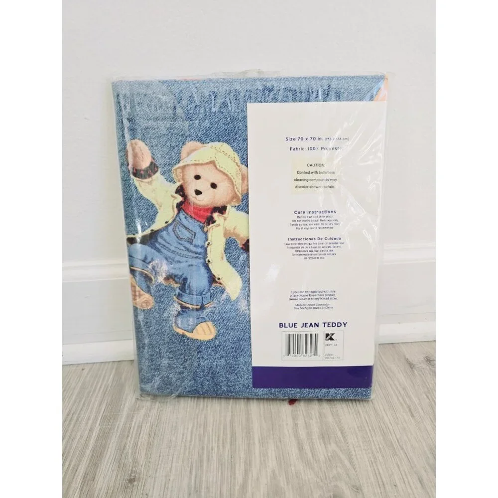 Home Essentials Blue Jean Teddy Bear Fabric Vintage 90s Shower Curtain Polyester